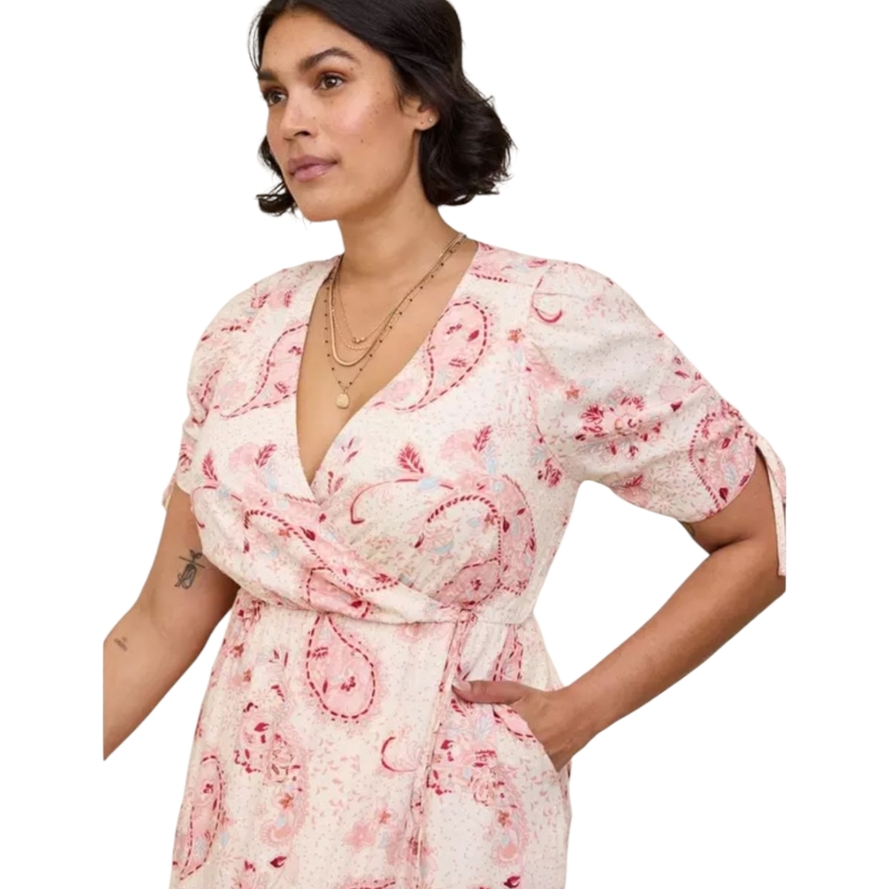 Torrid Midi Swiss Dot Surplice Paisley Wrap Dress Pink Cream Short Sleeve Lined - Picture 3 of 12